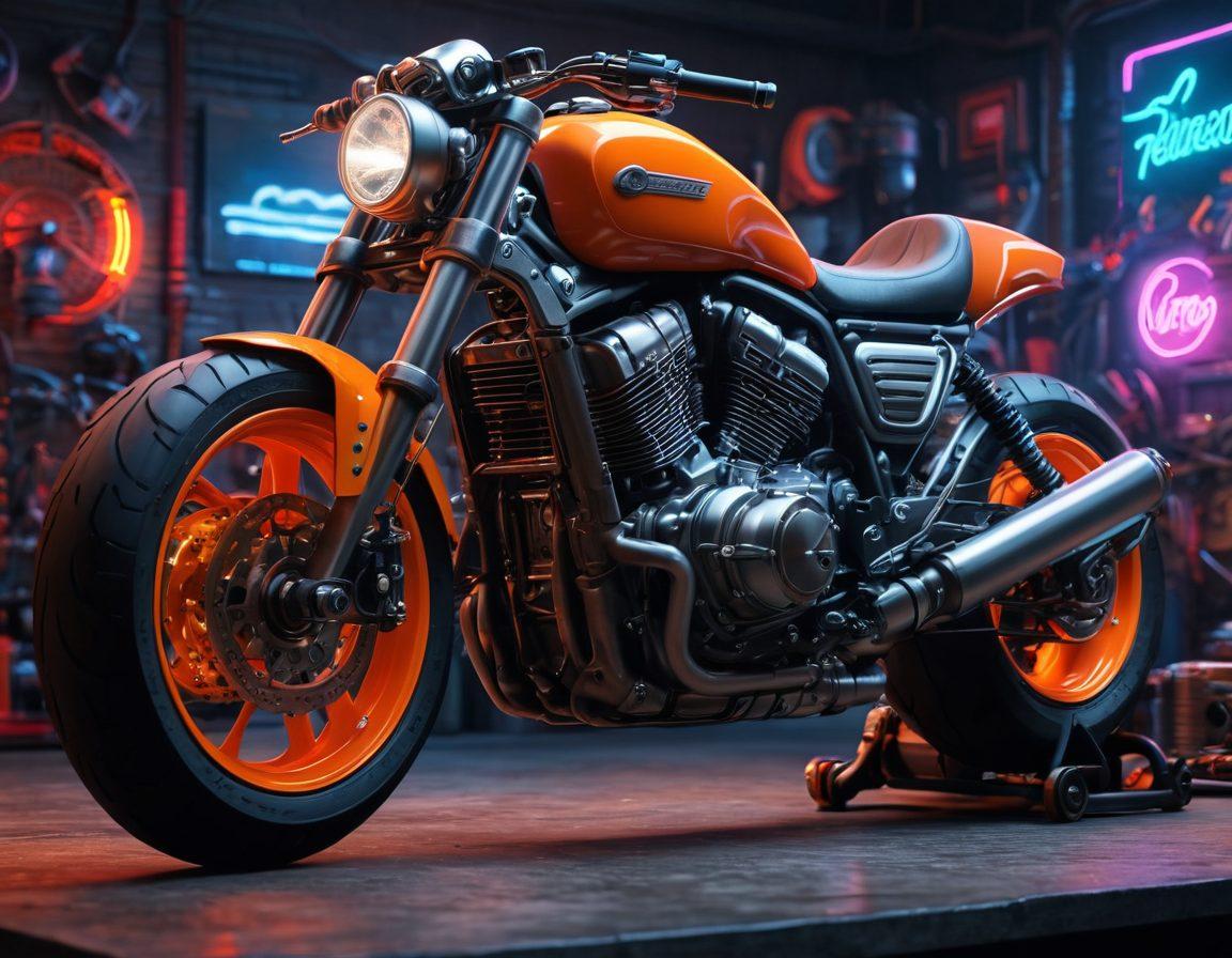 A powerful motorcycle engine displayed with various engine upgrade components around it, like high-performance exhaust systems, air filters, and turbochargers. Include a rugged workshop backdrop with tools and motorcycle parts scattered about, and a glowing neon sign that says 'Rev Up Your Ride'. The scene should convey excitement and passion for motorcycling. super-realistic. vibrant colors. dynamic composition.