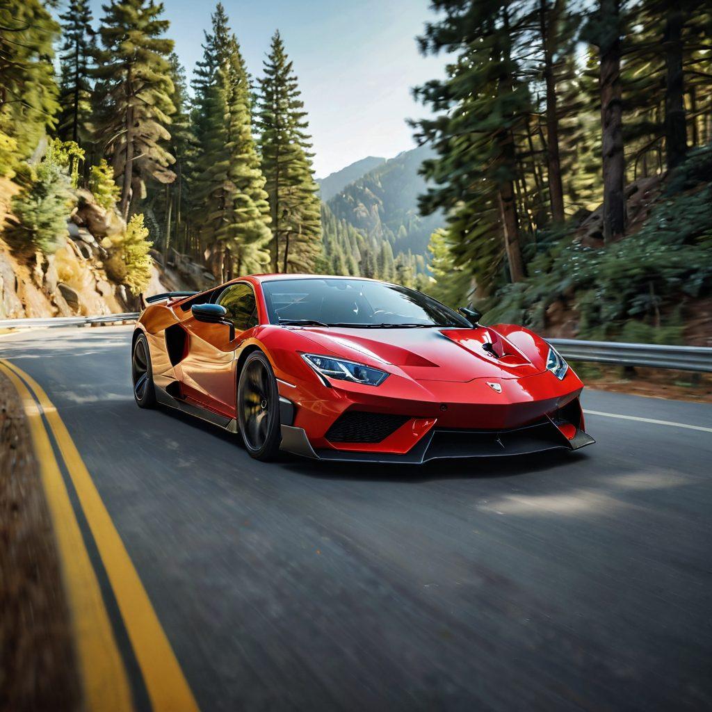 A dynamic scene featuring a sleek, high-performance sports car speeding along a winding mountain road, surrounded by blurred trees to evoke motion. In the foreground, a diverse group of automotive enthusiasts passionately discussing motor trends, holding tools and gadgets that represent innovation in the automotive industry. The scene should reflect vibrant energy and excitement, capturing the essence of motorsports and technology. super-realistic. vibrant colors. 3D.