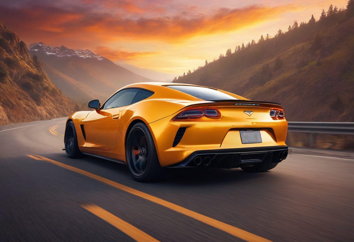 A powerful sports car speeding down a winding mountain road, showcasing its upgraded engine with visible components and flames escaping the exhaust. Vibrant colors of the sunset casting a golden hue, highlighting the sleek curves of the car. Mechanic tools and engine parts scattered on the roadside emphasize the theme of upgrades and performance. A misty background adds an air of thrill and excitement. super-realistic. vibrant colors.